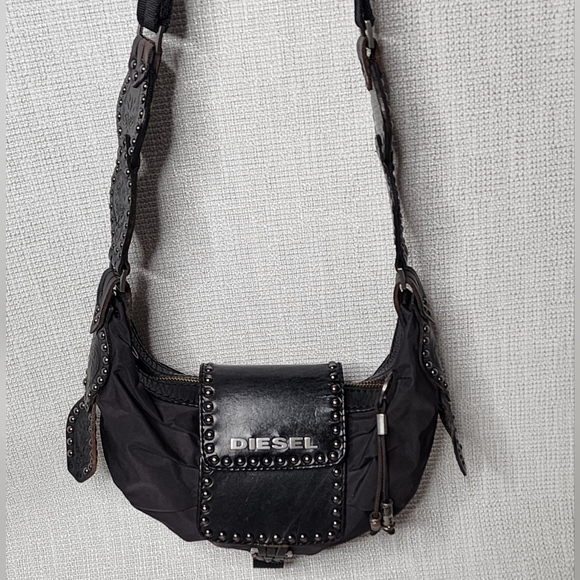 Diesel Handbags - Diesel vintage black leather / nylon hobo bag Y2k